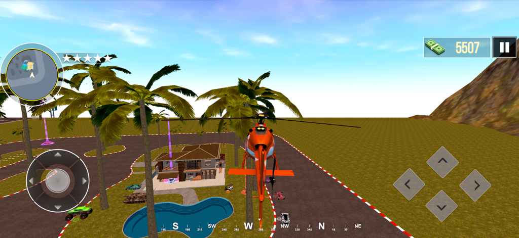 Gangster Game: Warlord Mafia - Un helicóptero naranja volando sobre una villa de lujo con piscina en Gangster Game Warlord Mafia