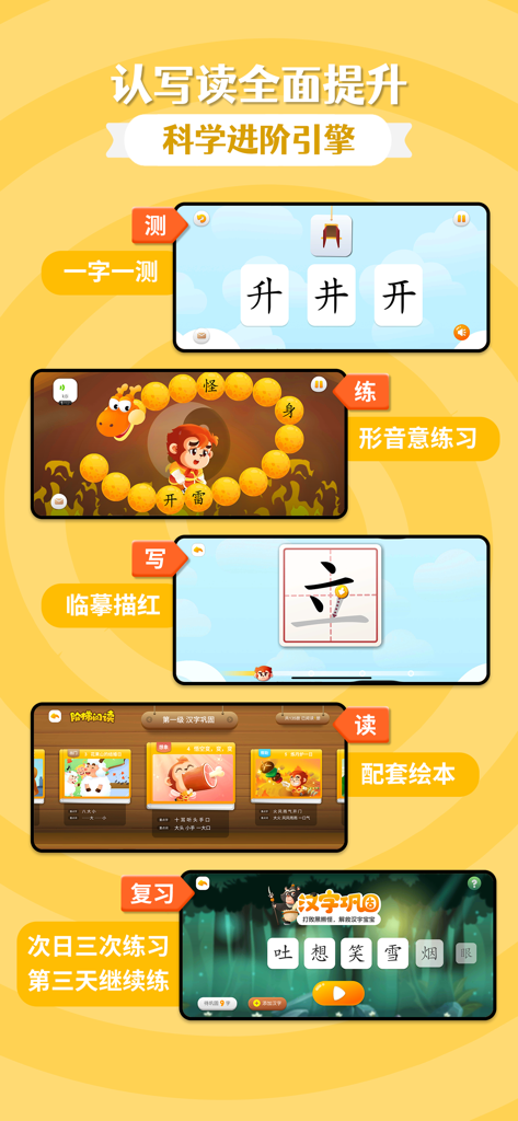 Infographic showing the Wukong Literacy app features for testing practicing writing reading and reviewing Chinese characters