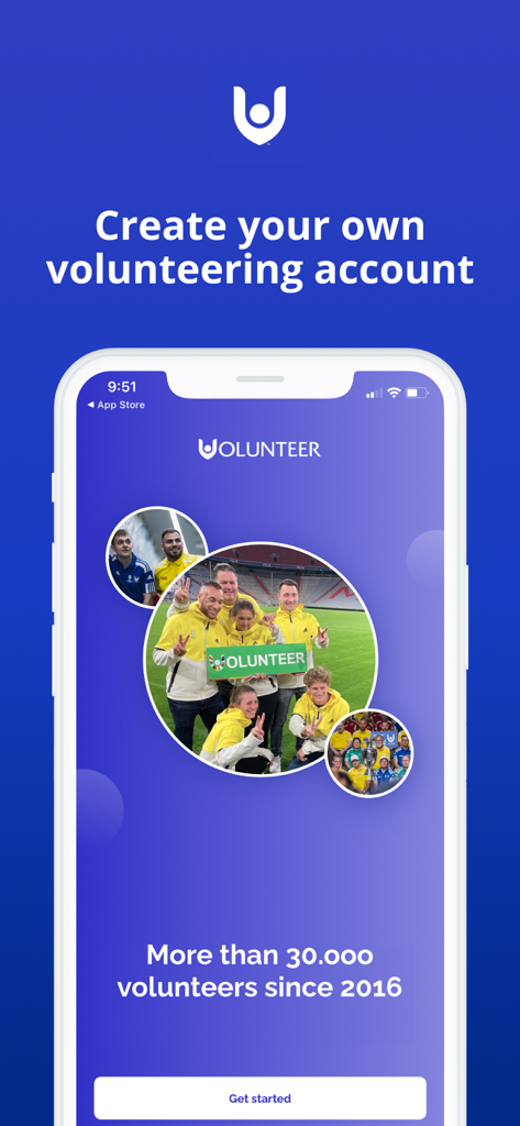 UEFA Volunteers - Onboarding screen of the UEFA Volunteers app showing account creation and volunteer photos.