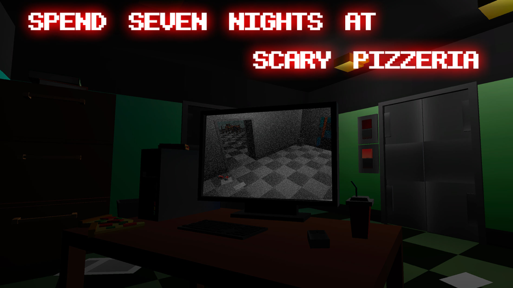 Nights at Scary Pizzeria 3D - First-person view of a security guard office with a surveillance monitor and pizza in a 3D horror game