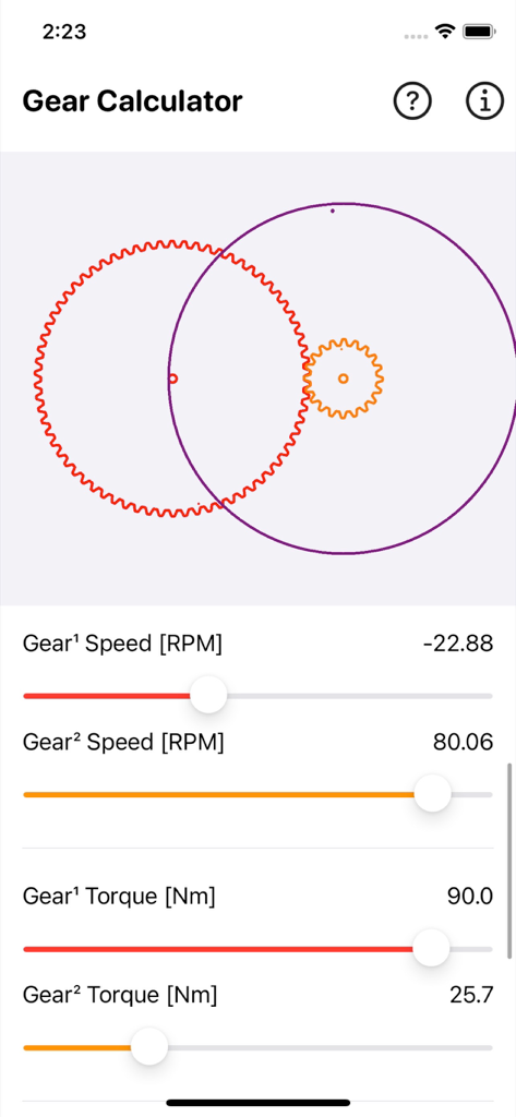 Gear Simulation & Calculation - Gear simulation and calculation app interface with speed and torque sliders for two gears