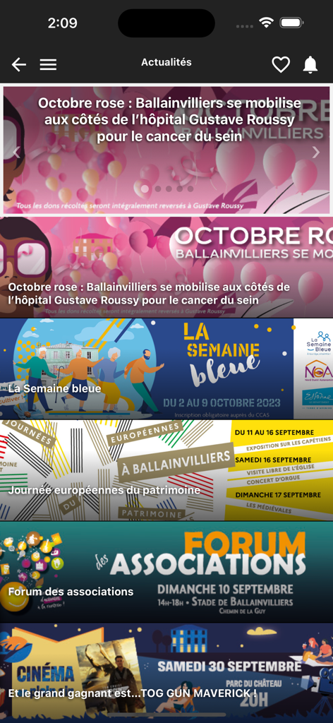myMairie - A mobile news feed showing local town events and community updates in the myMairie app