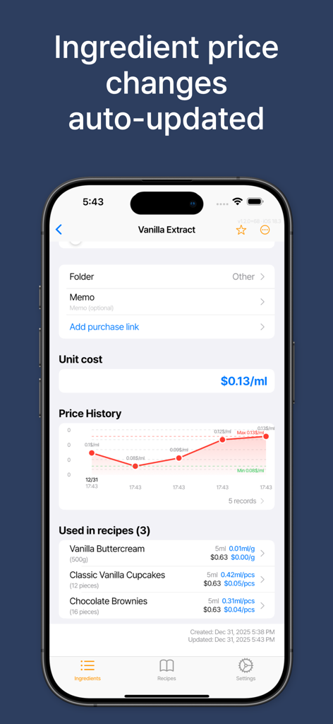 KitchenCost: Recipe Costing - Screenshot of the KitchenCost app showing unit cost and a price history graph for an ingredient used in multiple recipes.