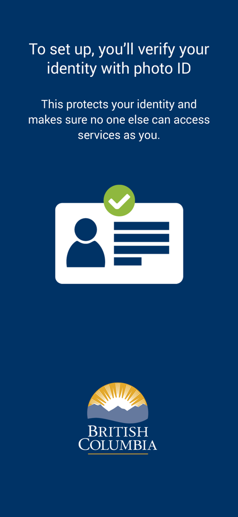 Schermata dell'app BC Services Card che mostra il processo di verifica dell'identità con documento d'identità con foto