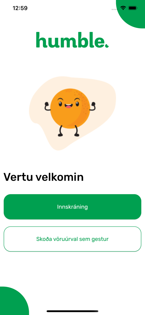 Humble - Pantalla de bienvenida de la aplicación Humble con una mascota naranja sonriente y opciones de inicio de sesión