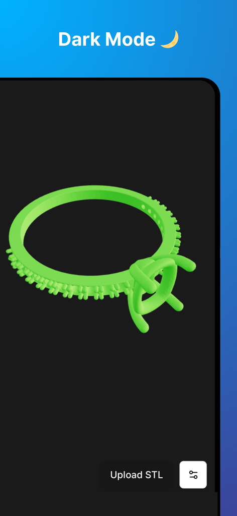 STL File Viewer Pro app interface displaying a 3D ring model in dark mode