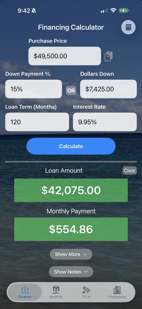 Timeshare Calculators with AI - Timeshare financing calculator showing monthly payment and loan amount results