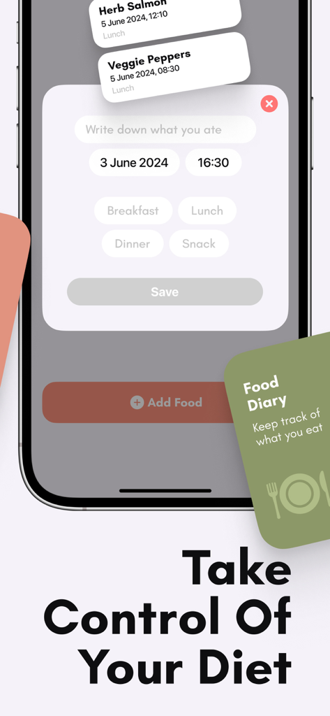 Interfaz para registrar comidas en la aplicación Mi Rastreador de Alimentos para la Diabetes
