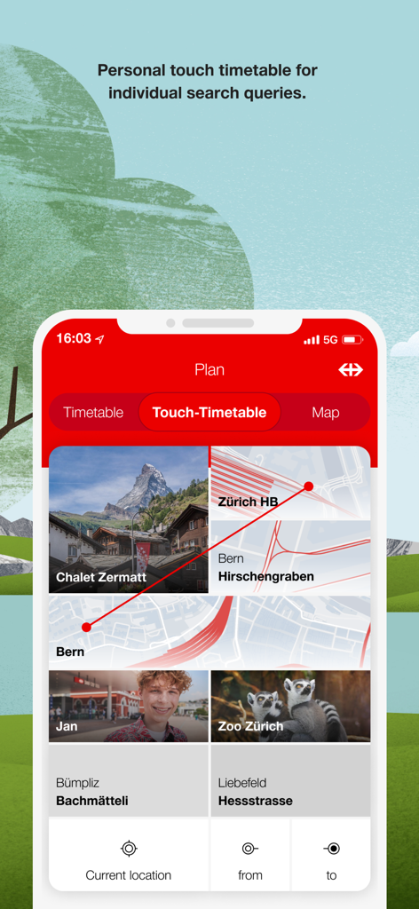 SBB Mobile app interface showing the visual touch timetable feature for planning Swiss train trips