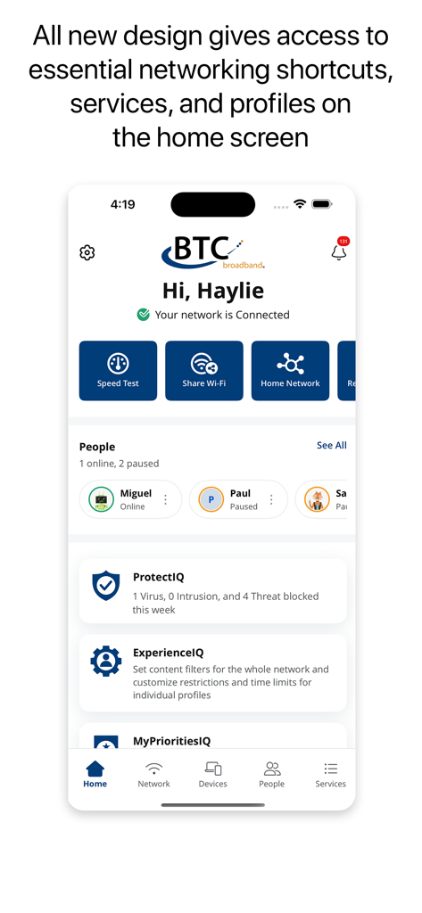 BTC Broadband  Wi-Fi - Home dashboard of BTC Broadband Wi-Fi app featuring network status and security controls