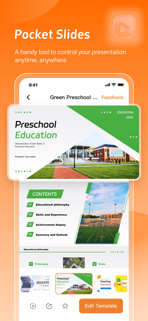 Interface of the Good Slide mobile app showing a presentation template for preschool education