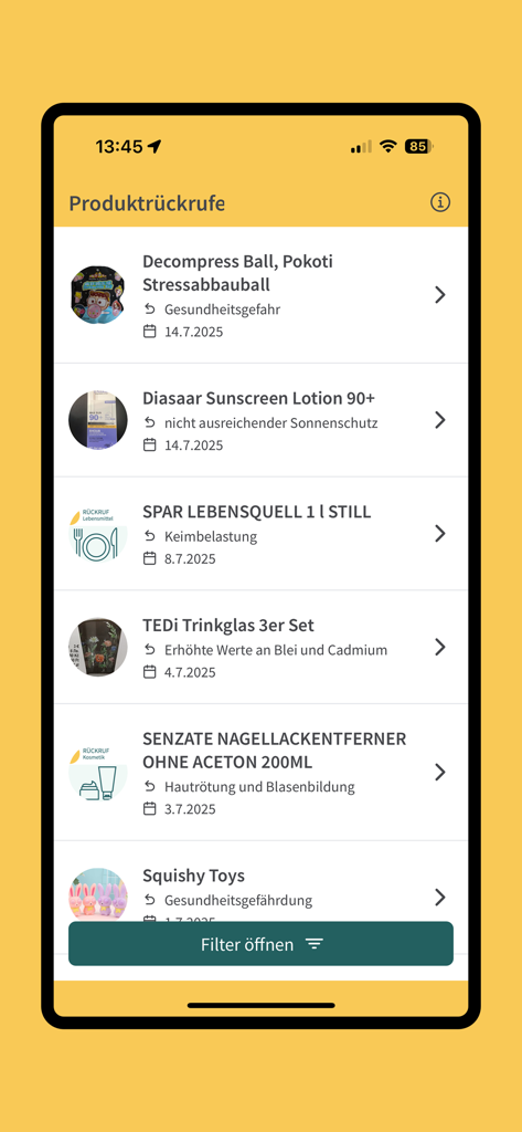 Uma lista de recalls de produtos e alertas de saúde no aplicativo AGES
