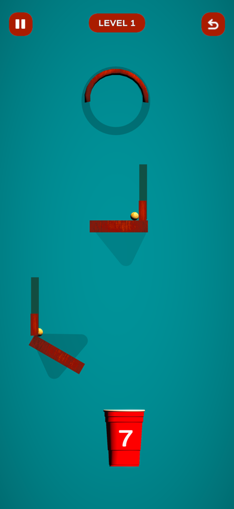 Crazy Popcorn Catch - Captura de pantalla del juego de Crazy Popcorn Catch que muestra granos de palomitas en plataformas de madera sobre una taza roja sobre un fondo azul