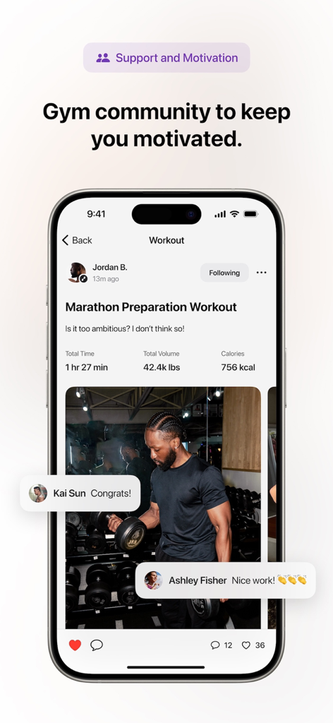 Motra app social feed showing a shared workout post with community comments and stats for motivation
