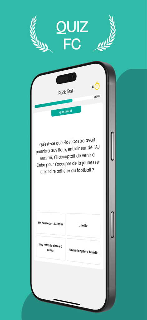 Quiz Football Club (Quiz FC) - A soccer trivia question on the Quiz FC mobile app interface with multiple choice options