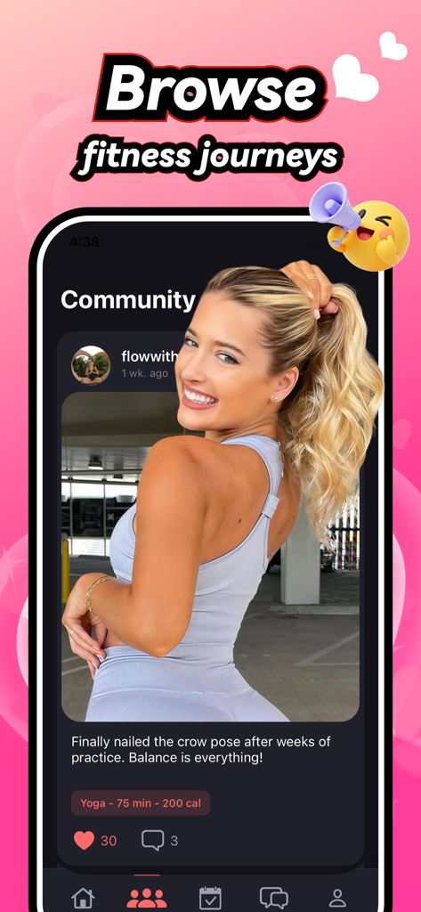 Flexi - Chat&Share - Uma tela de smartphone mostrando um usuário compartilhando progresso de ioga e estatísticas de treino no feed da comunidade do aplicativo Flexi