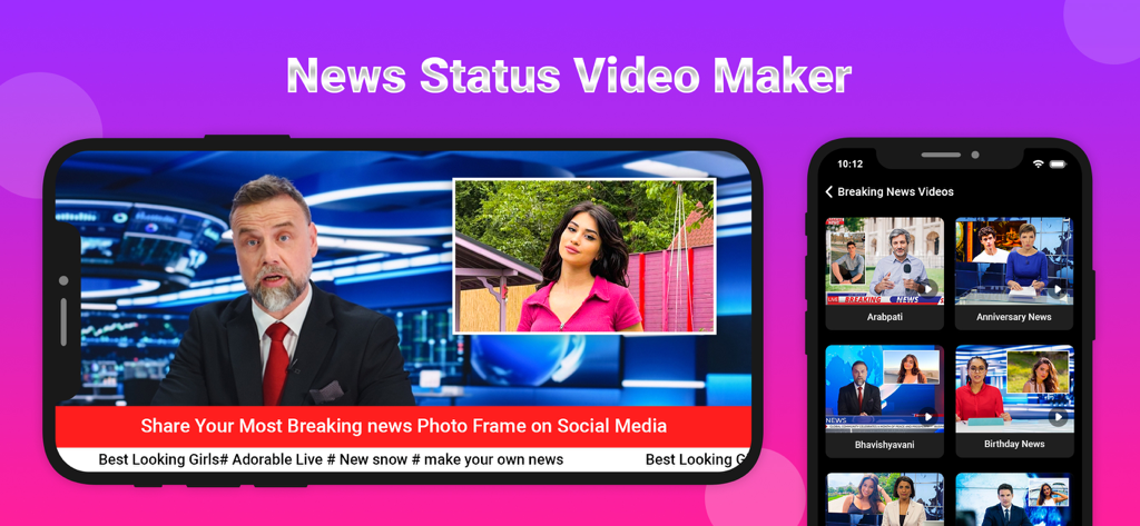 Breaking News Video Maker - Interfaz de la aplicación Breaking News Video Maker mostrando varias plantillas de transmisión de noticias y una vista previa de edición de vídeo.