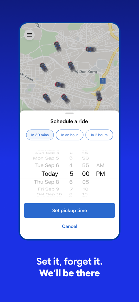 eCabs: Request a Ride - The eCabs mobile app interface for scheduling a ride with a time picker and a map showing vehicle locations.