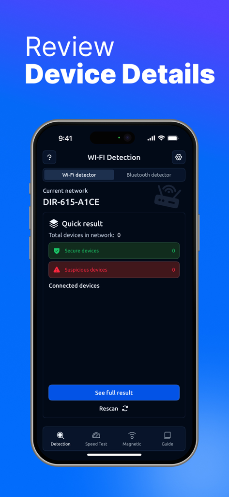 Spy360: Device Finder - Spy360 app interface showing Wi-Fi detection results for secure and suspicious devices