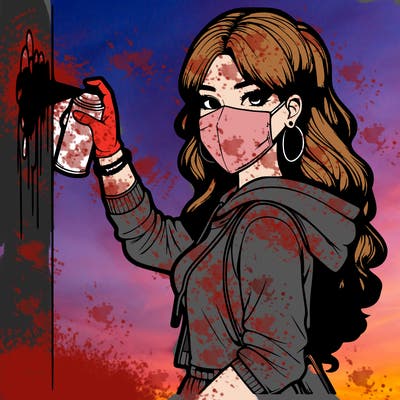 realistic girl with mask spray painting a wall