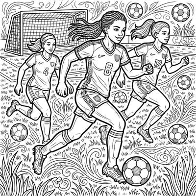 Get ready to kick off a vibrant coloring experience with our exciting female soccer players design. This action-packed scene captures the energy and teamwork of the game, perfect for sports enthusiasts.
