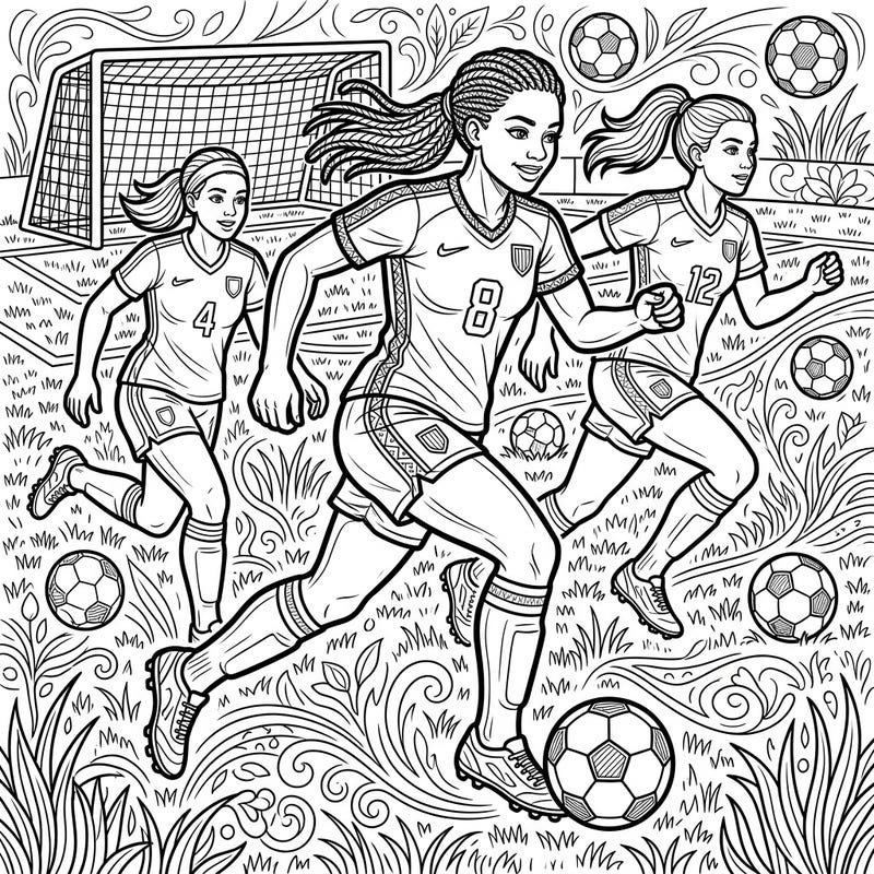 Get ready to kick off a vibrant coloring experience with our exciting female soccer players design. This action-packed scene captures the energy and teamwork of the game, perfect for sports enthusiasts.