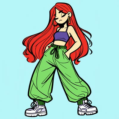girl in baggy pants crop top and long hair