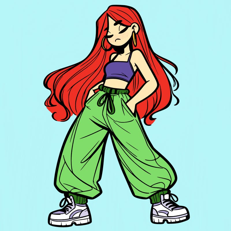 girl in baggy pants crop top and long hair