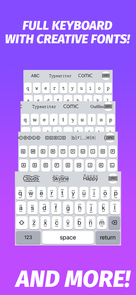 Phraseboard Keyboard - A stack of mobile keyboard interfaces showcasing different creative font styles like Typewriter, Comic, and Outline.