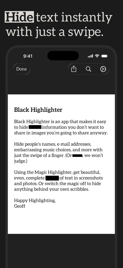 Black Highlighter: Redact Text - Mobile interface of the Black Highlighter app demonstrating how to redact sensitive text with a single swipe.