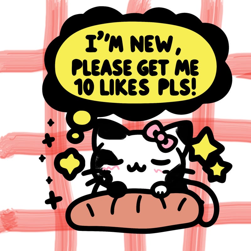 kitty taking a nap dream talking and saying "i'm new, please get me at least 10 likes pls!!"