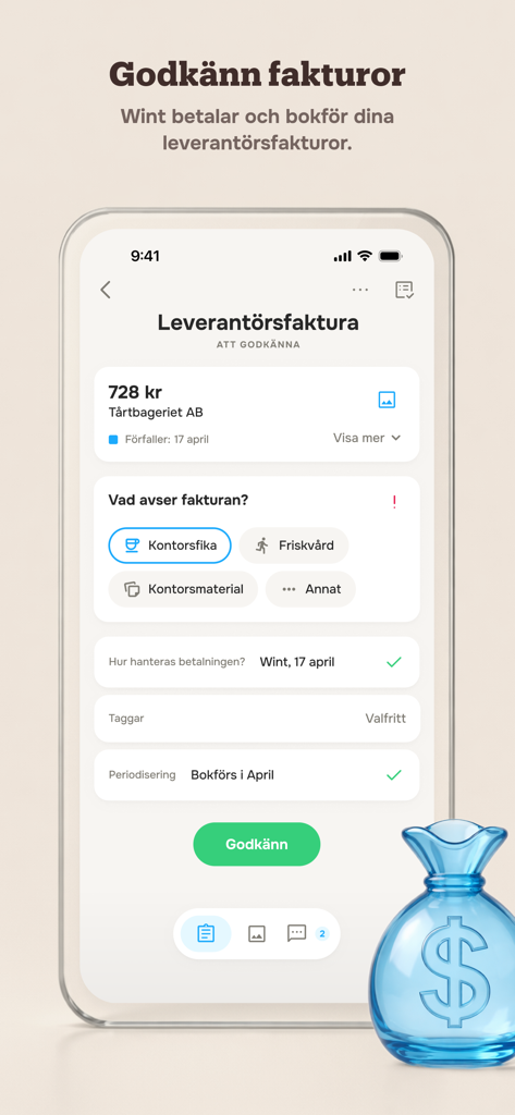 Wint - Écran mobile Wint de l'application montrant une facture fournisseur pour approbation et catégorisation