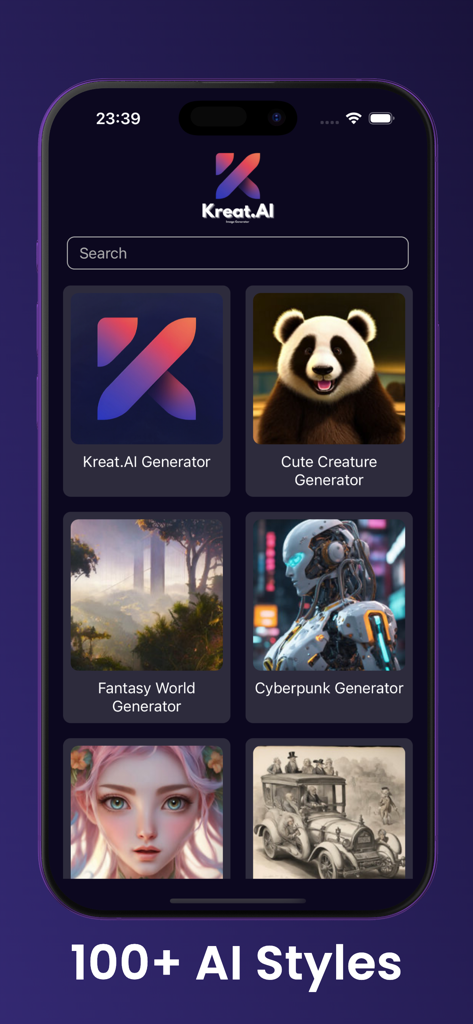 Kreat.AI Image Generator - Kreat.AI app interface showcasing various AI image generation styles including Cyberpunk and Fantasy
