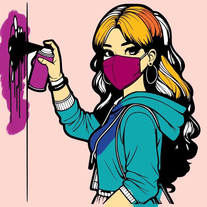 realistic girl with mask spray painting a wall