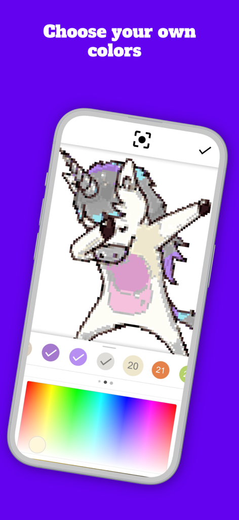 Ein mobiler App-Bildschirm für Pixelkunst-Malerei mit einem dabenden Einhorn und einem benutzerdefinierten Farbauswahlwerkzeug.