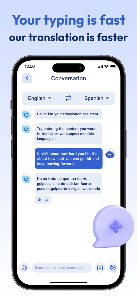 PrimeTranslate - Interfaz de la aplicación PrimeTranslate que muestra una pantalla de conversación con traducción de texto del inglés al español
