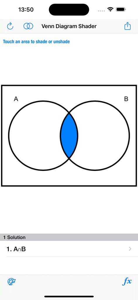 Venn Diagram Shader - Diagrama de Venn de dos conjuntos con la intersección de A y B sombreada en azul