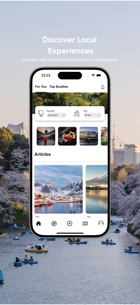 Bipi : Travel Platform - Bipi travel app interface for discovering local experiences with sections for culture and culinary articles