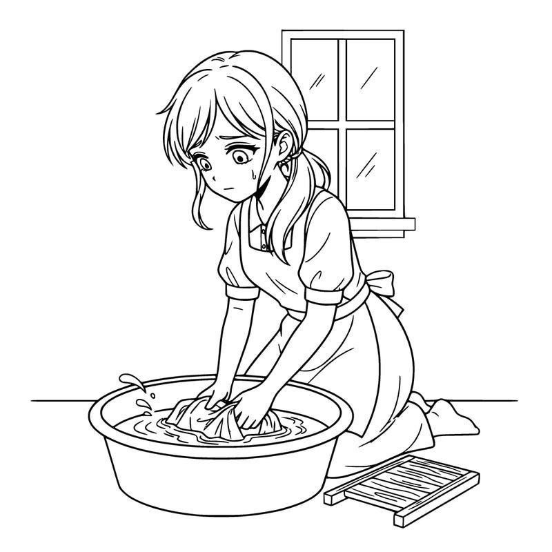 a  girl (sad) washing a boys shirt (anime)