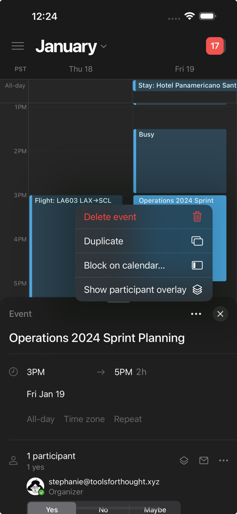 Notion Calendarのモバイルインターフェイス。ダークモードでイベントの詳細と管理オプションが表示されています。