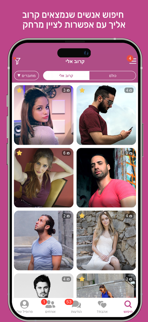 DATELAND - רשת אתרי הכרויות - A mobile screenshot of the Dateland dating app search screen showing a grid of profile pictures and a distance-based search filter in Hebrew.