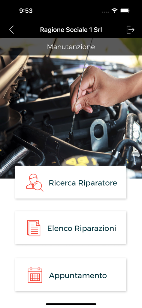 MyFleet Support - Menu de maintenance dans l'application MyFleet Support avec des options pour trouver un réparateur, afficher l'historique des réparations et planifier des rendez-vous.