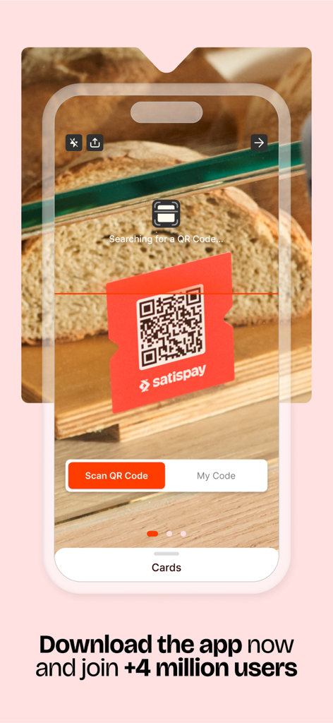 Satispay: Pay and invest - A smartphone using the Satispay app to scan a QR code for a mobile payment at a local bakery.