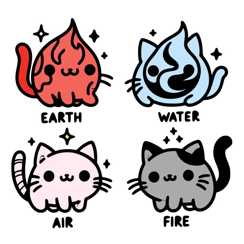 4 cats that represent the different elements, earth, water, air, and fire
