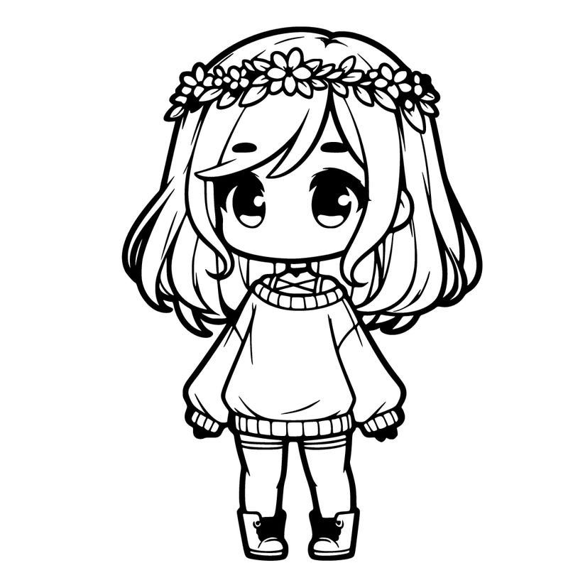 chibi girl with a sweater, medium length hair, leggings, and a flower crown