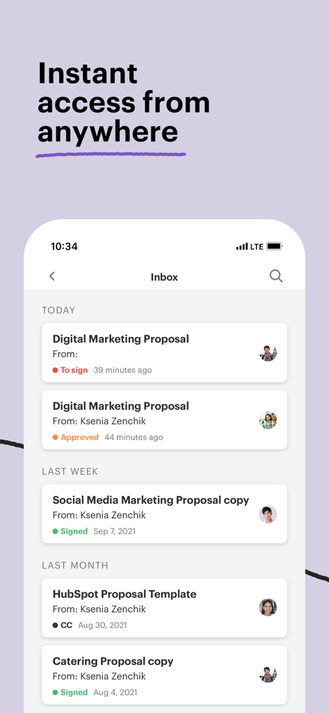 PandaDoc mobile app inbox showing a list of digital documents with real time status updates like signed and approved