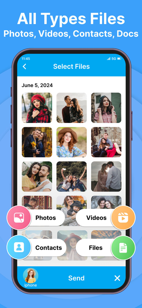 Quick Share - File Transfer - Interfaz de la aplicación Quick Share mostrando galería de fotos y categorías para vídeos, contactos y archivos