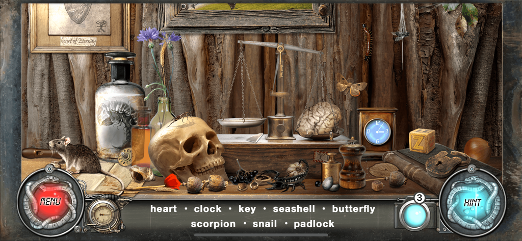 Time Trap: Hidden Object Games - Gameplay screen from Time Trap Hidden Object Games showing a room with vintage items like a skull, scales, and a clock.