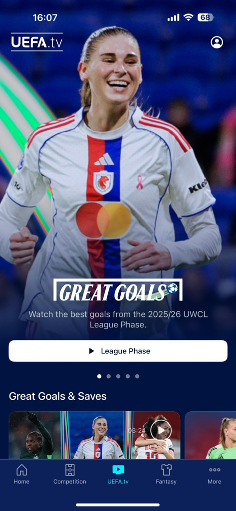 UEFA Women's Champions League - A screenshot of the UEFA Women's Champions League mobile app displaying video highlights on the UEFA.tv tab.
