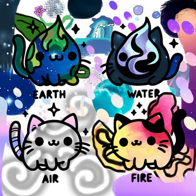 4 cats that represent the different elements, earth, water, air, and fire